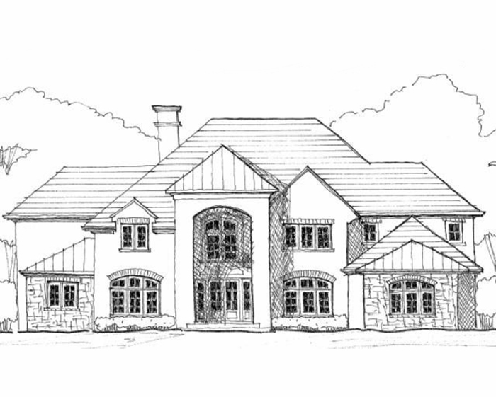Architect's rendering of luxury home featuring arched windows, tall chimney, multiple gables.
