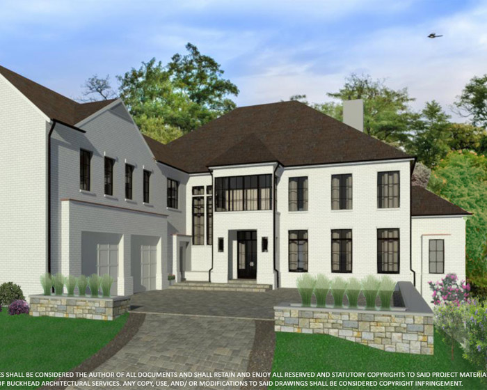 3D color rendering of luxury home with white painted brick, large driveway and garage, and beautiful landscaping.